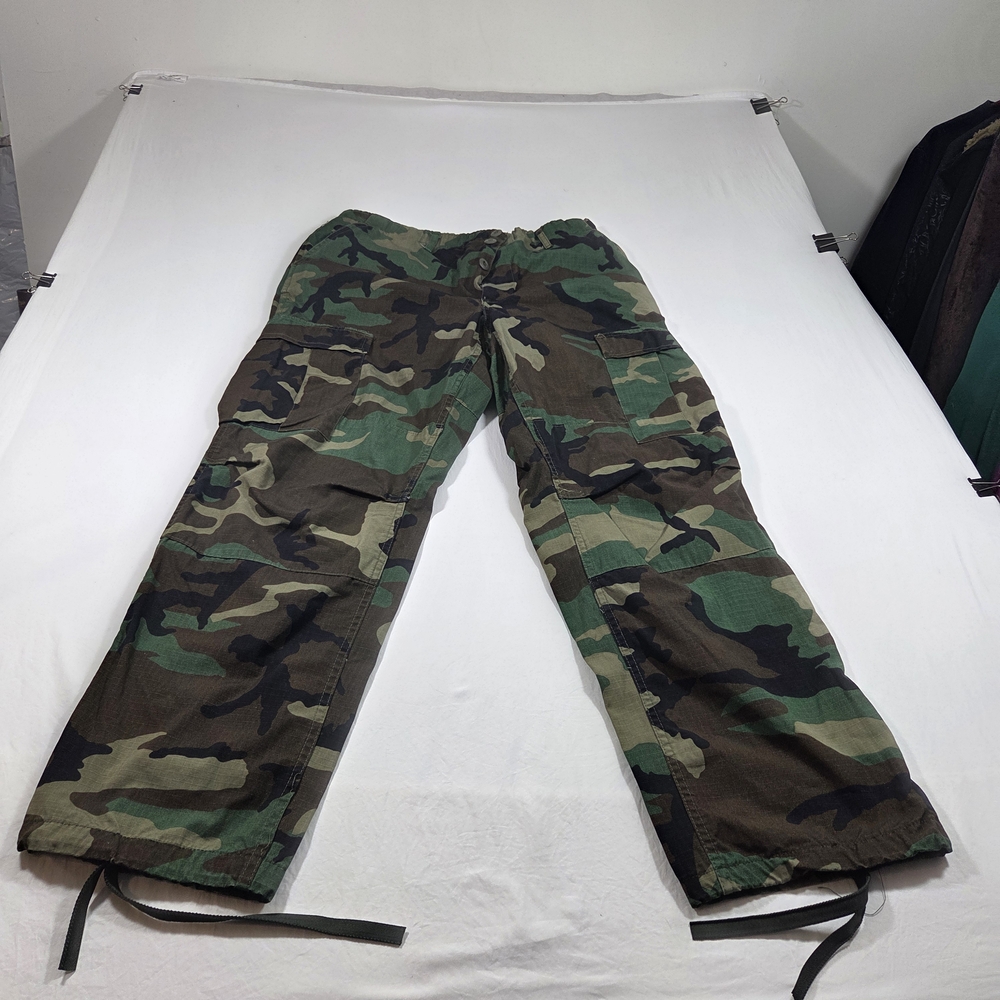 Men's Woodland Camo Cargo Pants - Green Hem Tie Strap Military Cotton Casual